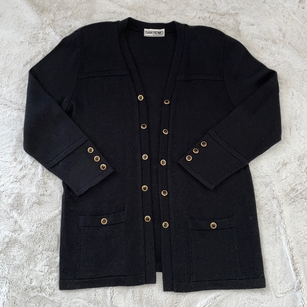 Vintage San Remo Laura Knits black open Cardigan gold buttons size med pockets